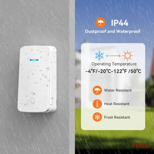 Vista 5 de AIDA Timbre inalámbrico para puerta, timbre autoalimentado con toma de corriente adicional, botón de presión sin necesidad de batería, timbre