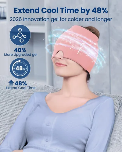 Vista 3 de ONLYCARE Gorro de alivio para migraña, máscara calmante para migraña, envoltura de gel de hielo para cabeza sin olor mejorada, terapia de frío