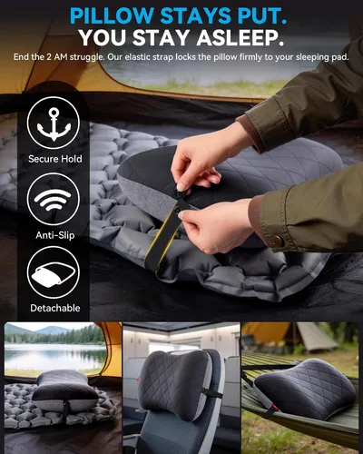Vista 9 de Hikenture Almohada de camping con funda extraíble, almohada inflable ultraligera para soporte de madera en el cuello, almohada mejorada
