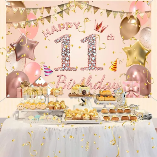 Vista 3 de Cartel de tela para decoración de cumpleaños número 11 para niñas de 11 años, cartel de tela para fiesta de cumpleaños de niña, fondo de foto rosa