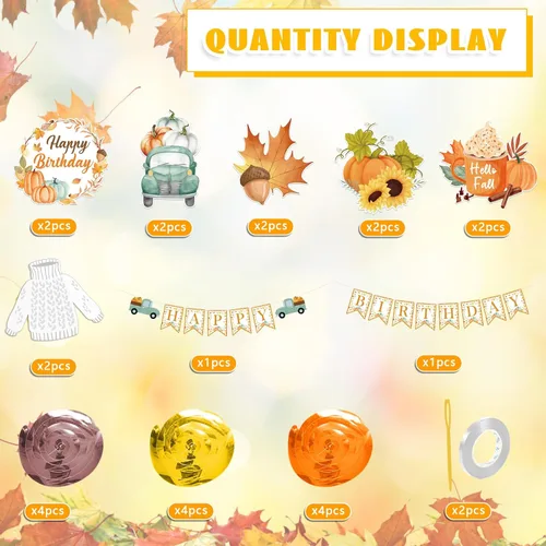 Vista 8 de Decoraciones de fiesta de calabaza pequeña, pancarta de feliz cumpleaños de Acción de Gracias y decoraciones de remolinos colgantes para fiesta