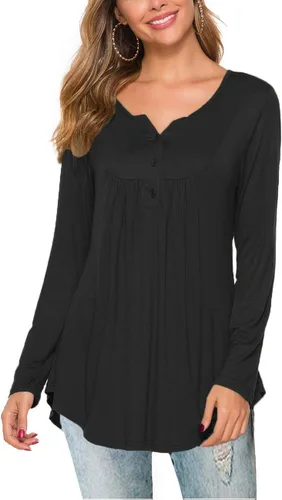Vista 3 de Halife Blusa casual de manga larga con cuello en V para mujer, ajuste holgado, plisada