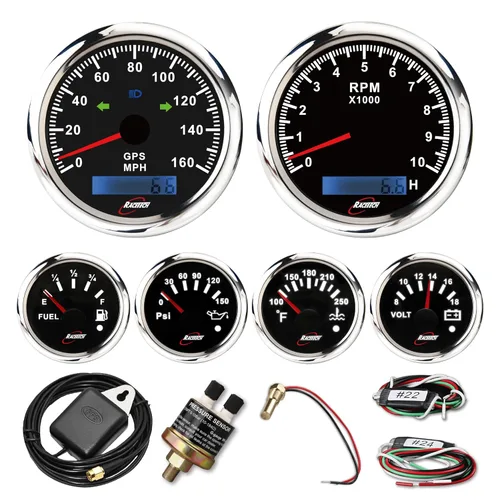 Vista 11 de RACETECH Juego de 6 instrumentos – Velocímetro GPS de 85mm (3-3/8") 120 MPH y Tacómetro 8000 RPM – 90° 52mm (2-1/16") Medidores de combustible, Negro