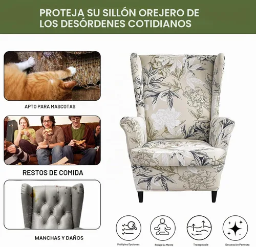 Vista 5 de HAOYONG Fundas para silla de alas estampadas, 2 piezas, fundas elásticas para sillón con respaldo de ala, fundas protectoras lavables para sala