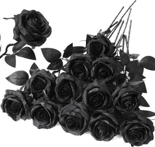Vista 35 de Hawesome - Ramo de 12 rosas artificiales de seda con tallo largo para decoración del hogar, boda, fiesta (Negro-1)