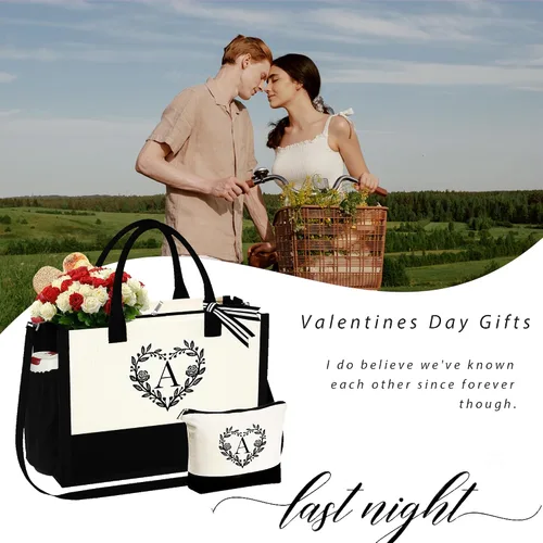 Vista 3 de YOOLIFE Regalos para mujeres – Bolsa de playa con monograma inicial con bolsa de maquillaje, día de la madre, regalos de cumpleaños para mujeres