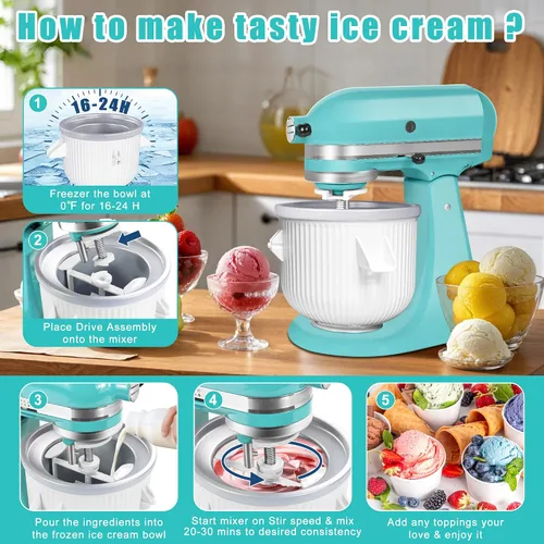 Vista 3 de Accesorio para máquina de helados para batidora de pie KitchenAid, compatible con batidoras de pie de 4.5 cuartos de galón y más grandes, tazón
