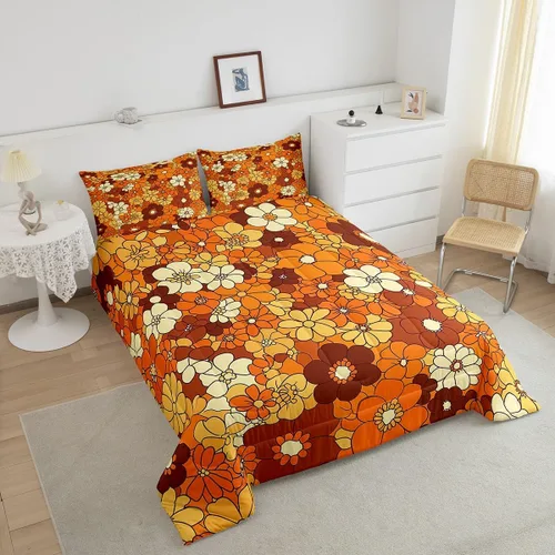 Vista 5 de Juego de ropa de cama con estampado floral bohemio, tamaño individual, diseño retro de flores groovy, 60S y 70S, juego de edredón de flores hippie