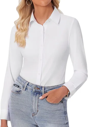 Vista 32 de siliteelon Camisas con botones para mujer, ajustadas, de manga larga, elásticas, de vestir, camisas de trabajo, sin arrugas, blusas de oficina