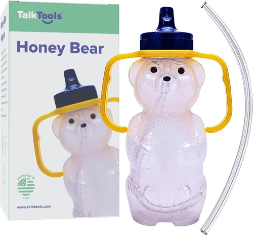 Vista 9 de TalkTools Vaso con pajita con forma de osito Miele con asa, 5oz – Entrenador de pajita suave para bebés y niños pequeños de 4+ meses – Agarre fácil