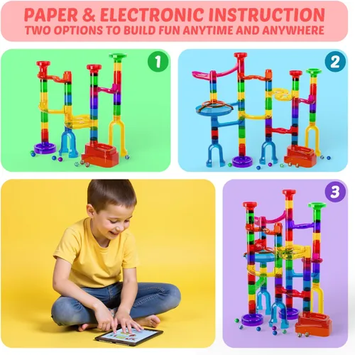 Vista 10 de MaxTronic Kit de carrera de canicas para niños, kit de laberinto de mármol mejorado de 0.630 in, canicas de 109 piezas, bloques de construcción