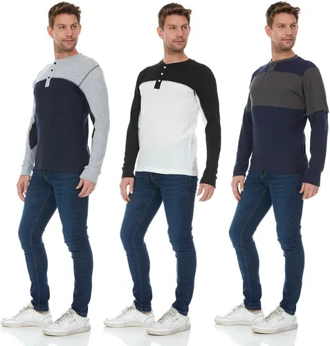 Vista 12 de DARESAY Paquete de 3: camiseta térmica de manga larga para hombre, camisetas de manga larga Henley & Crew para hombre, camisetas de manga larga