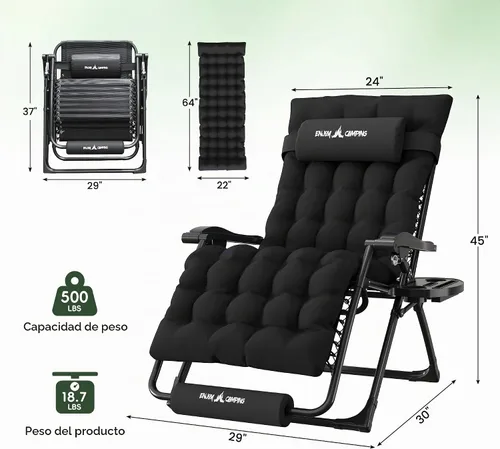 Vista 3 de Silla de gravedad cero de gran tamaño, plegable, reclinable, acolchada Negro XG