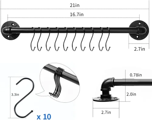 Vista 2 de Estante Industrial de Tubo para Ollas y Sartenes de 21" (Paquete de 2), Perchero de Pared para Ollas y Sartenes con Barra para Colgar y Colgador