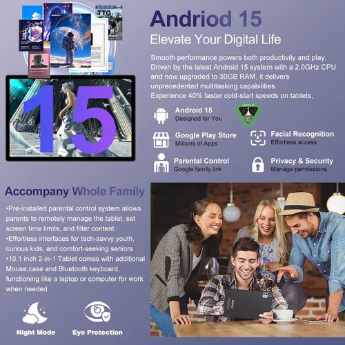 Vista 4 de Tablet Android 15 2025 con teclado Gemini AI, Tablets de electrónica de 30GB+128GB de ocho núcleos con pantalla IPS HD de 10 pulgadas, 8000mAh