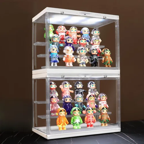 Vista 25 de Vitrina de acrílico transparente para figura de acción Pop Mart, vitrina Funko Pop a prueba de polvo con iluminación, múltiples capas para Rosa