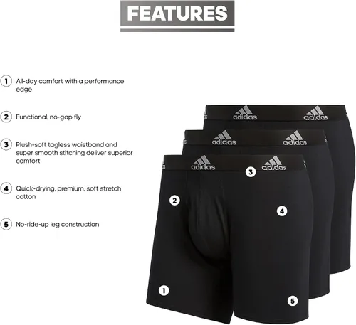 Vista 2 de adidas Calzoncillos tipo bóxer de algodón elástico para hombre, ropa interior suave y elástica, comodidad superior, paquete de 3