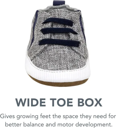 Vista 5 de Robeez Zapatos de cuna con suela suave antideslizantes para bebés varones y unisex, pantuflas mocasines para bebés y niños pequeños, 0-24 meses Lino