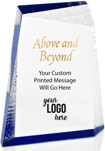 Vista 3 de Baudville Custom Acrylic Glacier Trophy, Medium, Blue Water Droplet Design, Full Color Personalized Award with Logo, Recognition Trophy for Employee