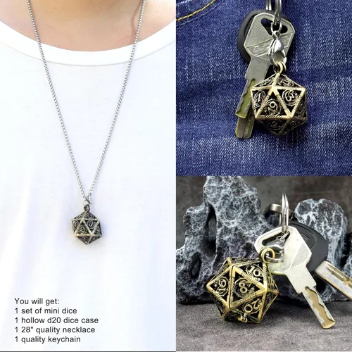 Vista 6 de Haxtec Juego Mini de Dados de Metal DND con Estuche de Collar Hueco Juego de Dados de Metal Pequeños Antiguos Juego de Llaveros D&D Portátil Juego