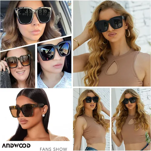 Vista 4 de ANDWOOD Lentes de sol de gran tamaño para mujer, marco ancho cuadrado, retro, moderno, protección UV