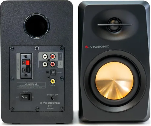 Vista 2 de Prosonic BT30 (versión 2023) Altavoces Bluetooth activos, monitor de estudio, cine en casa, tocadiscos con entrada óptica, entrada coaxial, 2 Negro