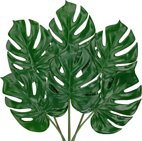 Vista 16 de DILATATA Hojas Artificiales de Monstera con Tallos de 28", Hojas Tropicales de Imitación Otoñales Falsas de Seda Naranja Monstera, Ramas de Palma