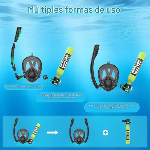 Vista 4 de Mini tanque de buceo con máscara de esnórquel 0.5L, tanque de buceo inflable con máscara de cara completa, botella de reserva Pony, tanque de aire