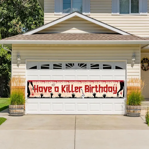 Vista 6 de Labakita Cartel grande de cumpleaños con texto en inglés "Have a Killer", decoración de fiesta de cumpleaños de Halloween, terror de terror
