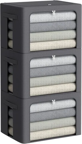Vista 26 de Paquete de 3 cajas de almacenamiento con marco, bolsas de almacenamiento de ropa, tela Oxford, plegable, apilable, juego organizador con ventana