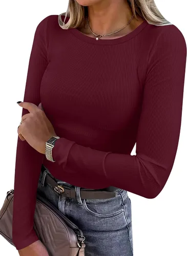 Vista 32 de ANRABESS - Camisetas de manga larga para mujer, de punto acanalado, ajustadas, básicas, 2025, informales, para usar a capas o debajo del uniforme
