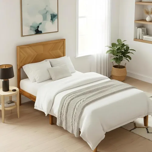 Vista 18 de KOMFOTT Base de cama de madera tamaño twin con cabecero, base de cama de plataforma de madera de acacia sólida, base de cama soportada por listones