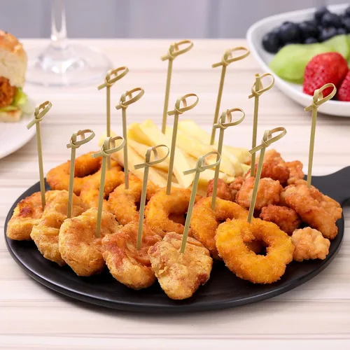 Vista 6 de 100 palillos de cóctel, palillos de dientes elegantes para aperitivos, mini palitos de comida Natural Bamboo Knot Skewers, 4.7 Inch Tooth Picks