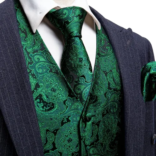 Vista 3 de Barry.Wang Chaleco formal de los hombres Paisley Jacquard seda corbata traje chaleco conjunto boda 5PCS