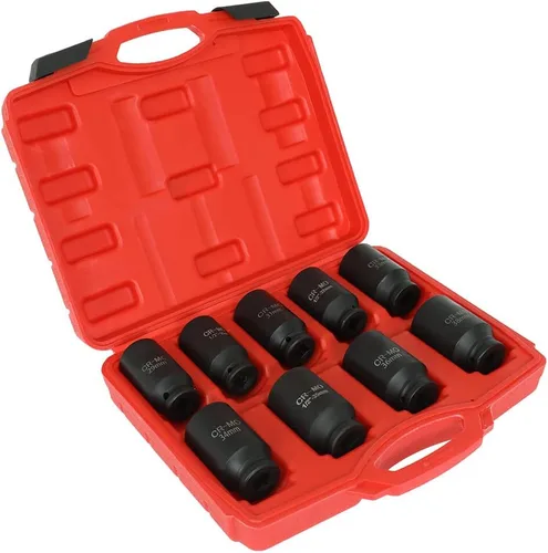 Vista 2 de Juego de dados de eje de impacto profundo de 9 piezas, 1/2 pulgada, 6 puntos Cr-V Spindle Joint High Torque Wheel Nut Sockets Fit For Most Cars