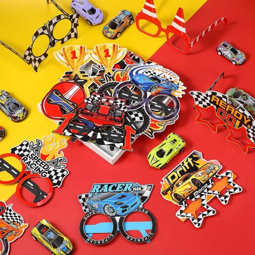 Vista 4 de Paquete de 32 regalos de fiesta de autos de carreras para niños, marcos de gafas de papel de carreras con bandera a cuadros para suministros