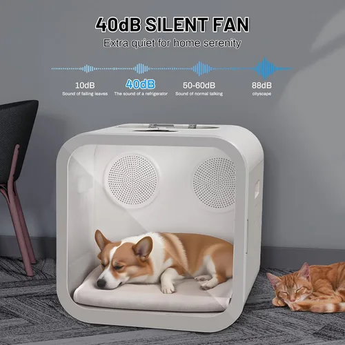 Vista 6 de Caja secadora automática de pelo para mascotas, soplador de ventiladores de doble motor de 70L para gatos y perros pequeños, secado de 360°, control