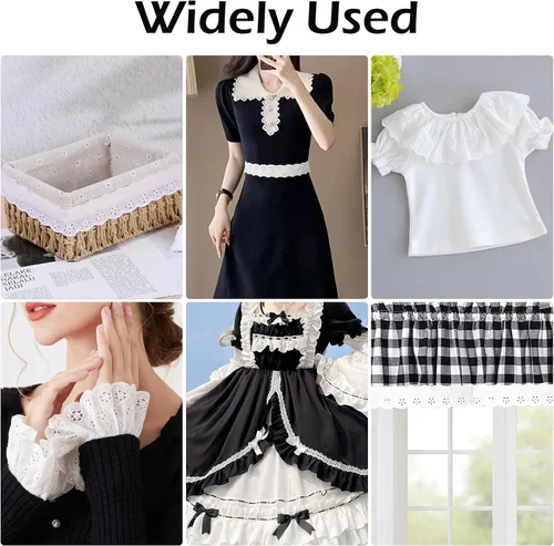 Vista 10 de Cinta de encaje de algodón blanco de 15 yardas, borde ondulado, bordados florales con volantes para coser vestidos, ropa, bolsas, muñecas, ropa