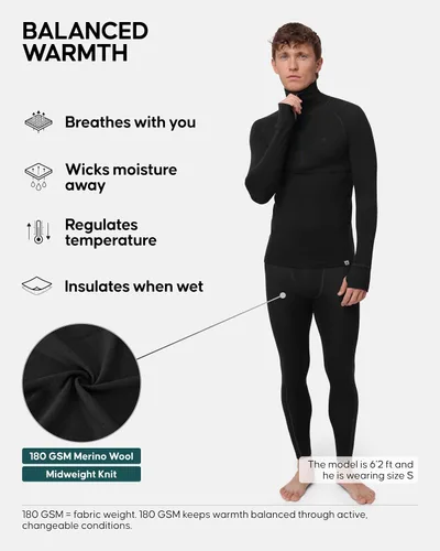 Vista 2 de DANISH ENDURANCE Merino Wool Half Zip Base Layer Set Men, Top and Bottom Negro