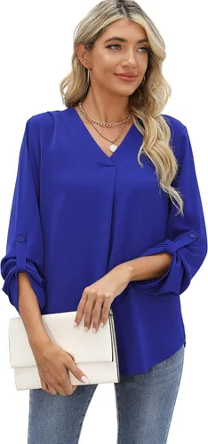Vista 4 de QUEZHU Blusas de manga 34 para mujer, estilo casual, elegante, de gasa, cuello en V, blusas