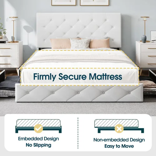 Vista 7 de WEEWAY Base de cama de plataforma de tamaño matrimonial con 4 cajones de almacenamiento, cabecera capitonada con botones de costura de diamante