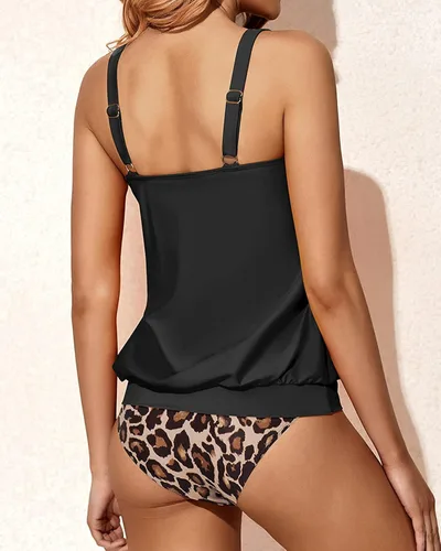 Vista 2 de Yonique Trajes de baño estilo tankini con blusón para mujer, de dos piezas, ajuste holgado, sencillo y estampado floral.