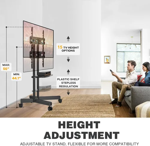 Vista 2 de Soporte de TV móvil con ruedas mejoradas para televisores de 32 a 75 pulgadas hasta 88 libras, soporte de TV rodante ajustable en altura con estante