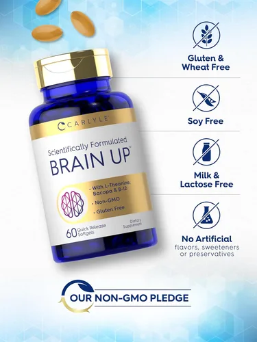 Vista 5 de Carlyle Brain Up Suplemento 60 cápsulas blandas con L-teanina, Bacopa y B-12 Sin OMG, sin gluten