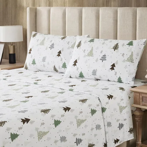 Vista 8 de Sweet Home Collection Juego de sábanas de franela de Navidad, diseño de oso y ciervo, tamaño individual, de microfibra cepillada suave con bolsillo