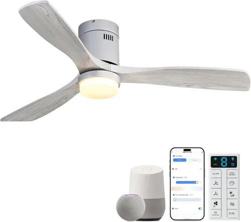 Vista 28 de Sofucor Ventiladores de techo inteligentes de 52 pulgadas con luces - montaje al ras de perfil bajo, modernos ventiladores de techo de madera maciza