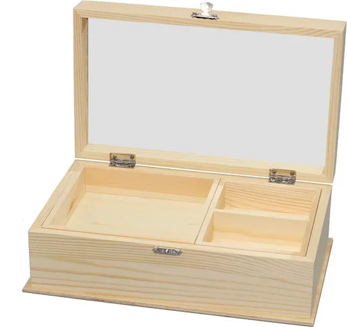 Vista 2 de Creative Hobbies Joyero de madera sin terminar con espejo y compartimentos extraíbles, organizador de joyas de madera listo para pintar, teñir