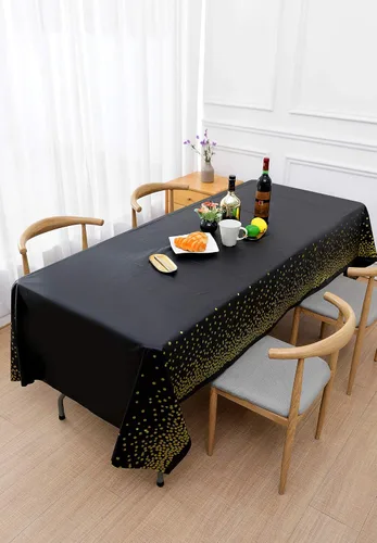 Vista 5 de 4 paquetes de 2,7 x 1,4 m de manteles desechables de plástico para fiestas en color negro y dorado para mesas rectangulares, cubiertas de mesa