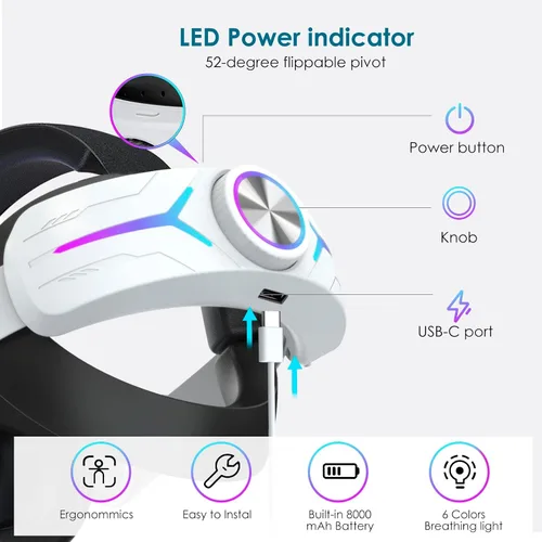 Vista 3 de Head Strap Battery Pack for Oculus Quest 2, Replacement Elite Strap 8000mAh Rechargeable Battery PC Accessories, Adjustable Headset with LED