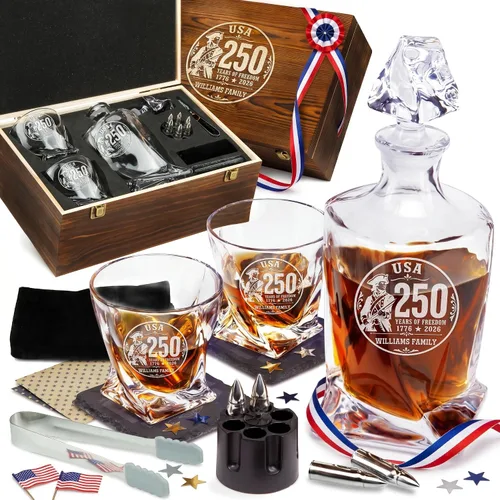 Vista 9 de Juego de decantador de whisky trenzado personalizado para el 250 aniversario, regalo de independencia de Estados Unidos 250 para hombres, nombre